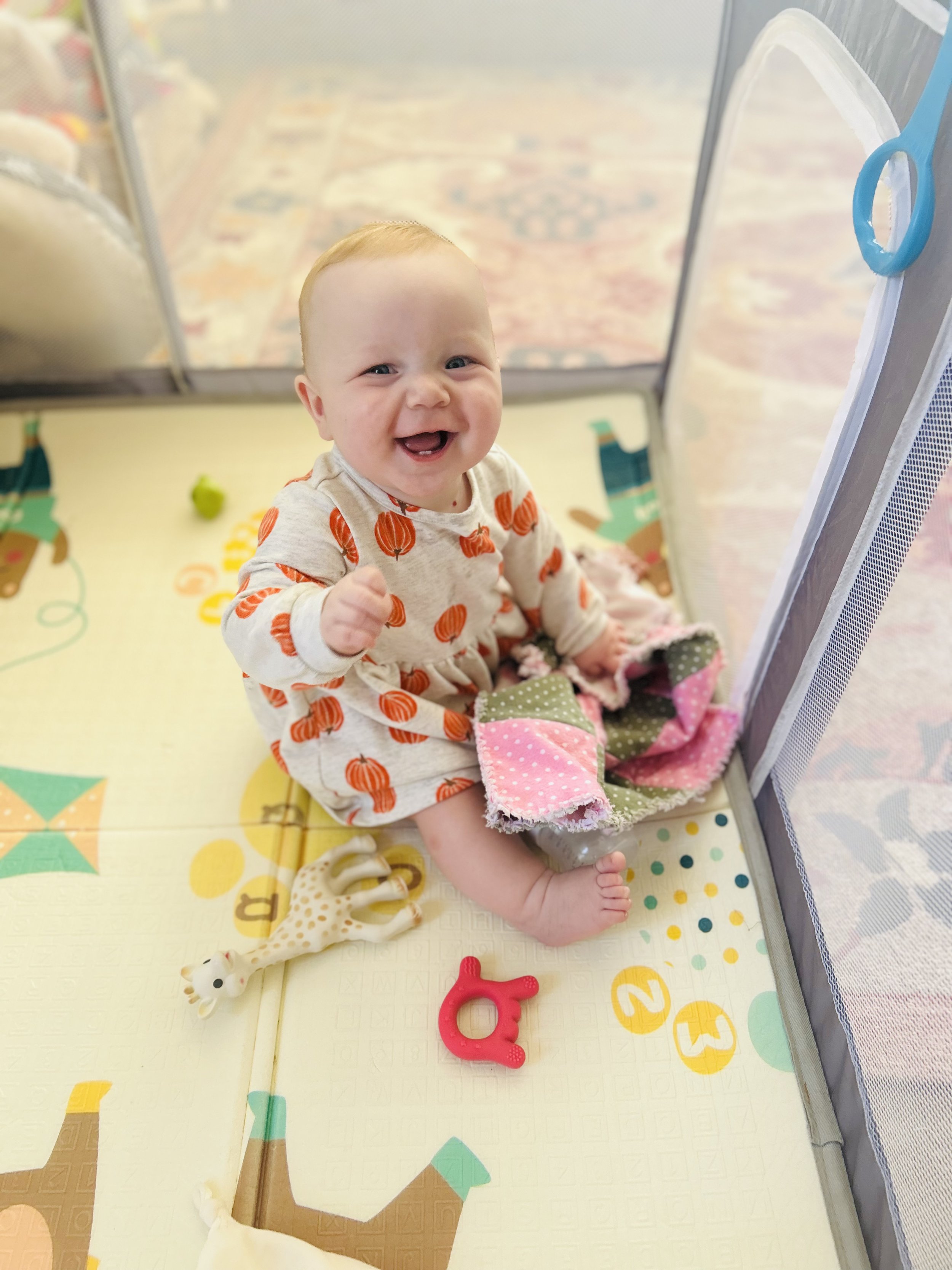 A baby safe and happy laughing sitting in a mesh playpen.