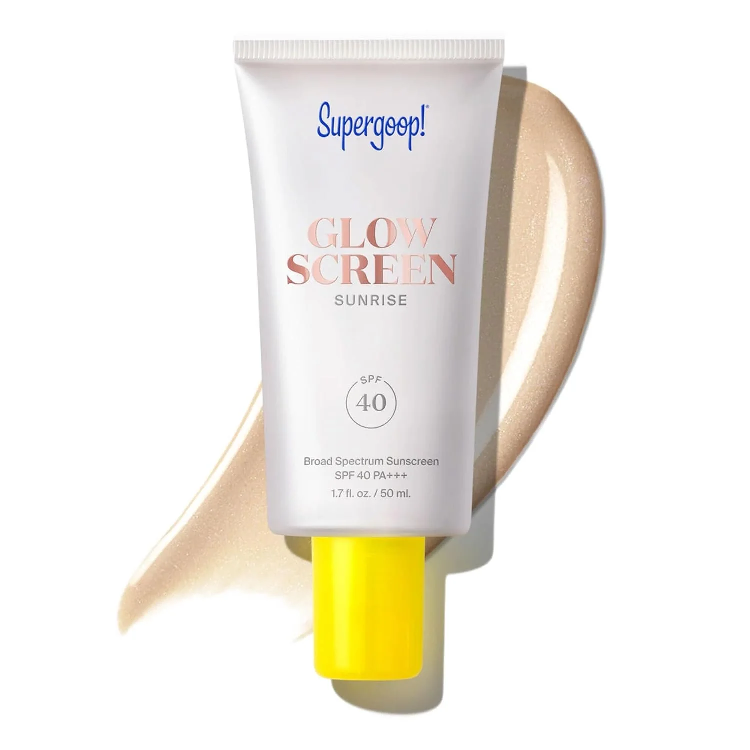 Supergoop Glowscreen SPF 40 sunscreen in Sunrise, glowy lit-from-within broad spectrum face sunscreen and makeup primer with hyaluronic acid and niacinamide