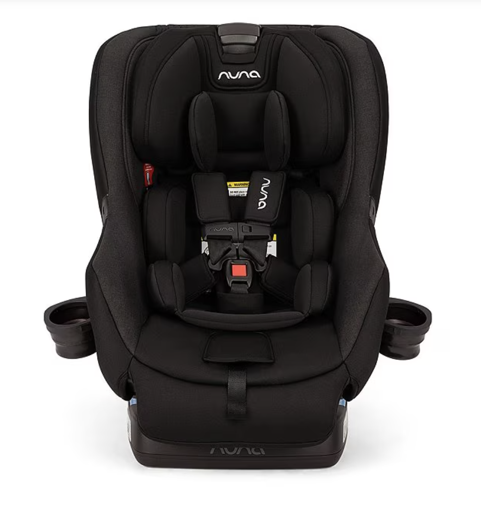 Black Nuna RAVA convertible car seat with extended rear-facing height and weight limits for taller toddlers and long torso babies.