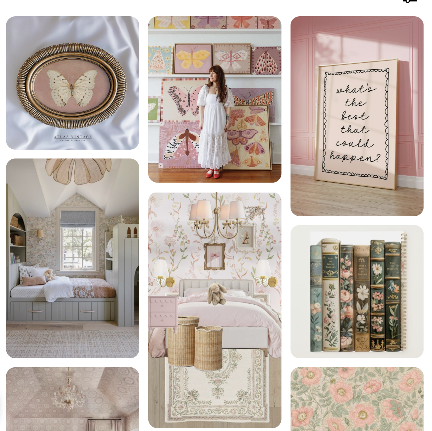 Pink vintage-inspired Pinterest board with cozy feminine baby girl bedroom decor, butterflies, books, and dreamy home inspiration.