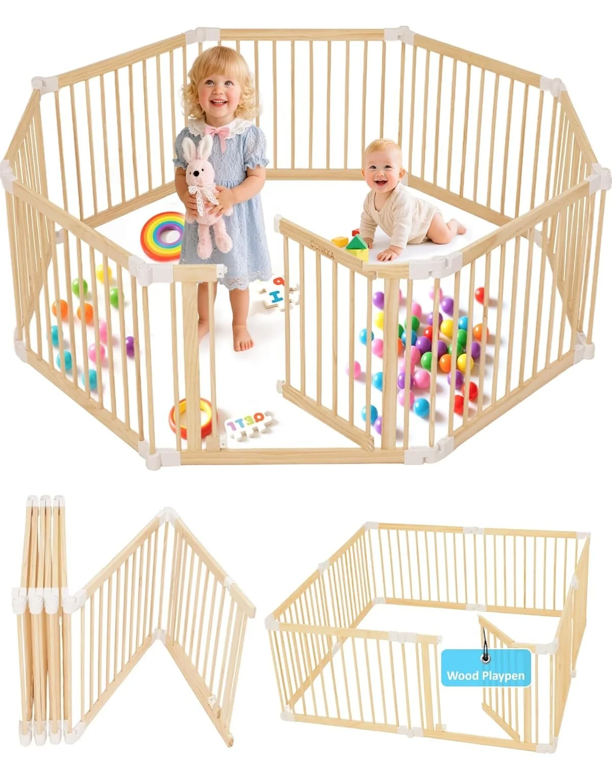 Conkka wooden playpen foldable with multiple sizes for baby and toddler.