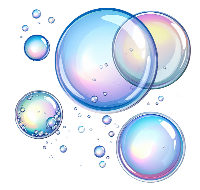 Illustration of colorful soap bubbles floating against a transparent background.