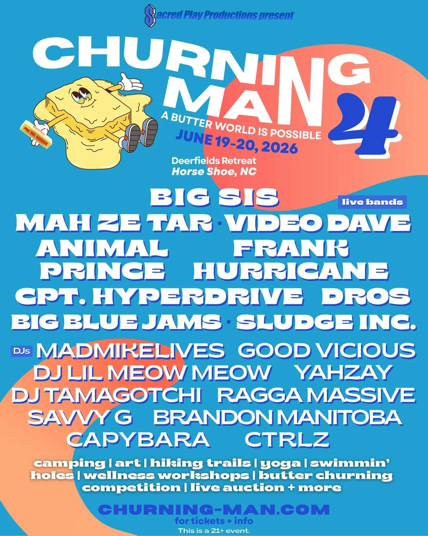 Very excited to be adding @djlilmeowmeow and @sludge.inc into the mix! Things are falling into place to make Churning Man 4 more buttery than ever. We&rsquo;ll be dropping a daily lineup (Friday/Saturday) very soon and will have individual day ticket