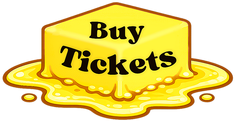 A yellow sign with the words 'Buy Tickets' on it, surrounded by spilled liquid that looks like honey or syrup.