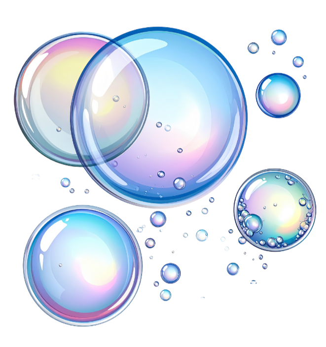 Illustration of various bubbles and droplets with iridescent and transparent effects.