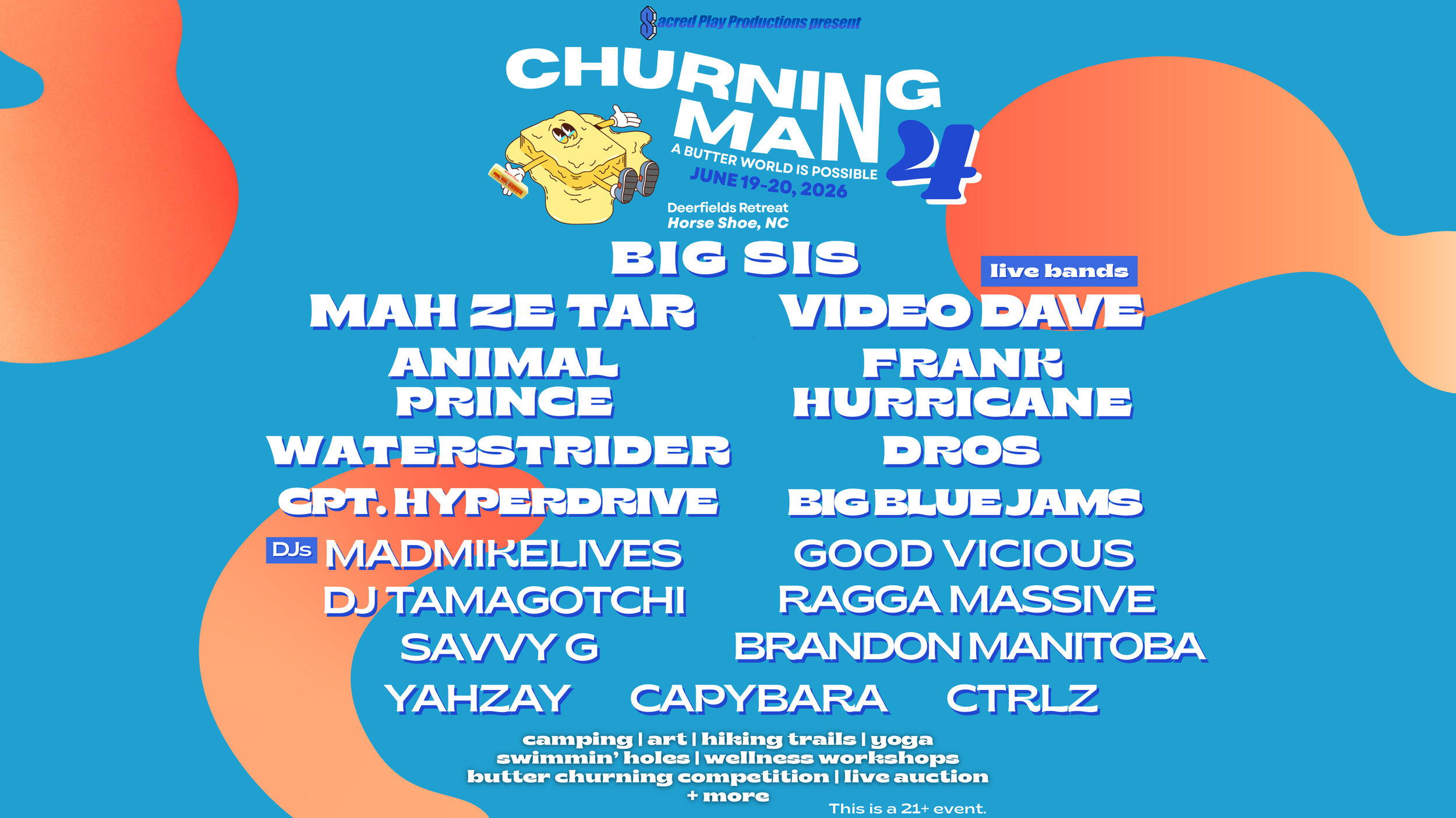 Event poster for Churning Man 2026, a summer music festival, scheduled for June 19-20, 2026, at Deerfields Retreat in Horse Shoe, North Carolina. The poster displays a cartoon butter character and lists live bands, DJs, activities like camping, art, hiking, yoga, and workshops.