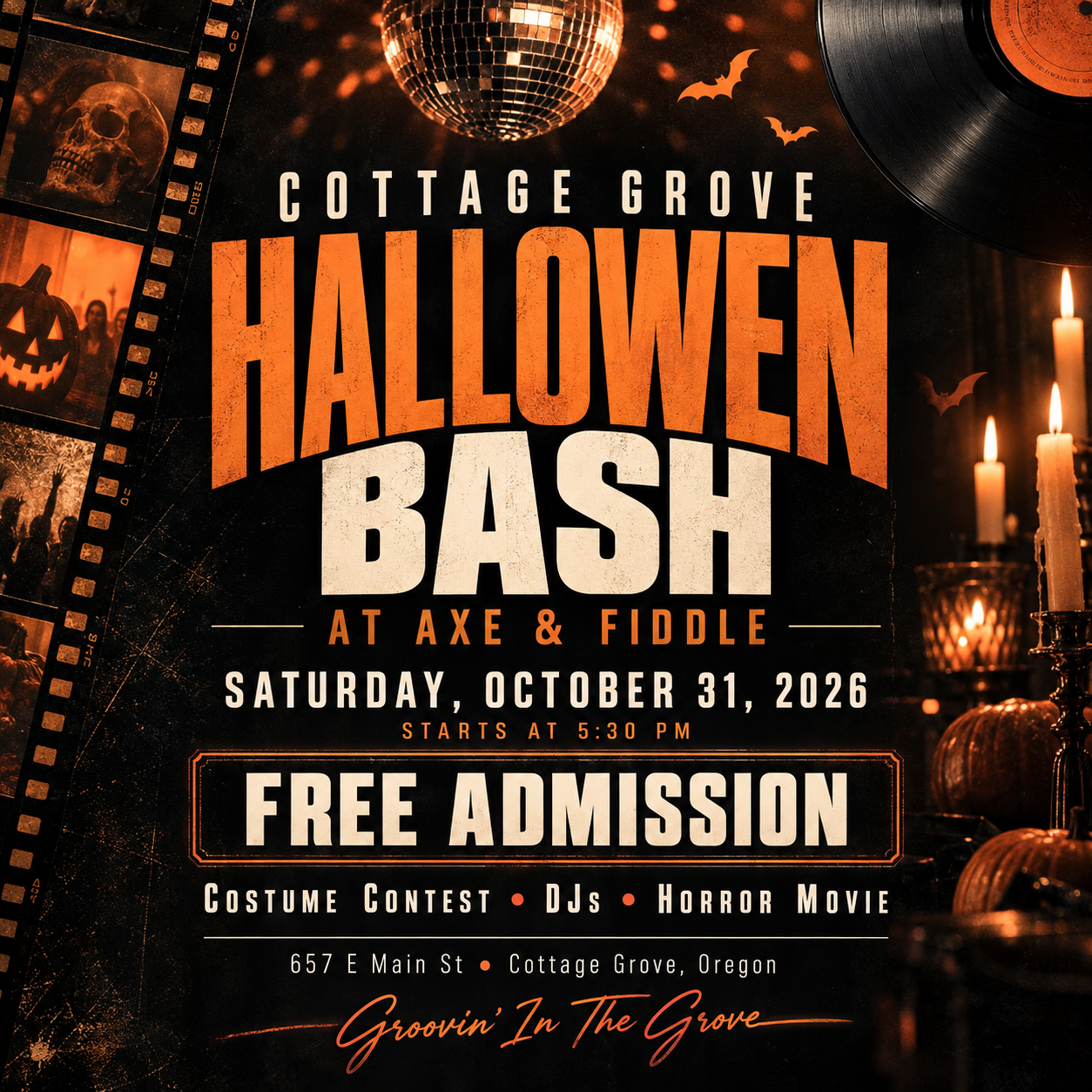 Cottage Grove Halloween Bash 2026: Costume Contest, DJs & Horror Movie at Axe & Fiddle