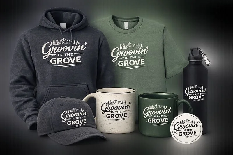 Collection of clothing and accessories featuring the 'Groovin' in the Grove' logo, including a black hoodie, green T-shirt, gray cap, white mug, green mug, black water bottle, and a round sticker.
