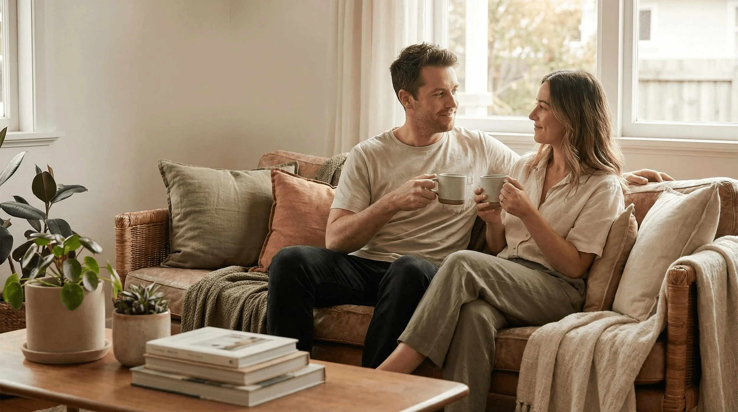 couple sitting close together and having a conversation at home