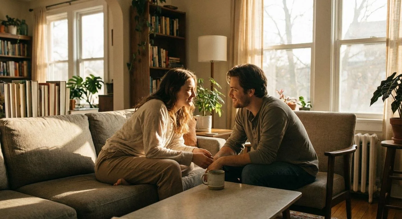 Couple sharing a thoughtful conversation and making space to understand each other's feelings.