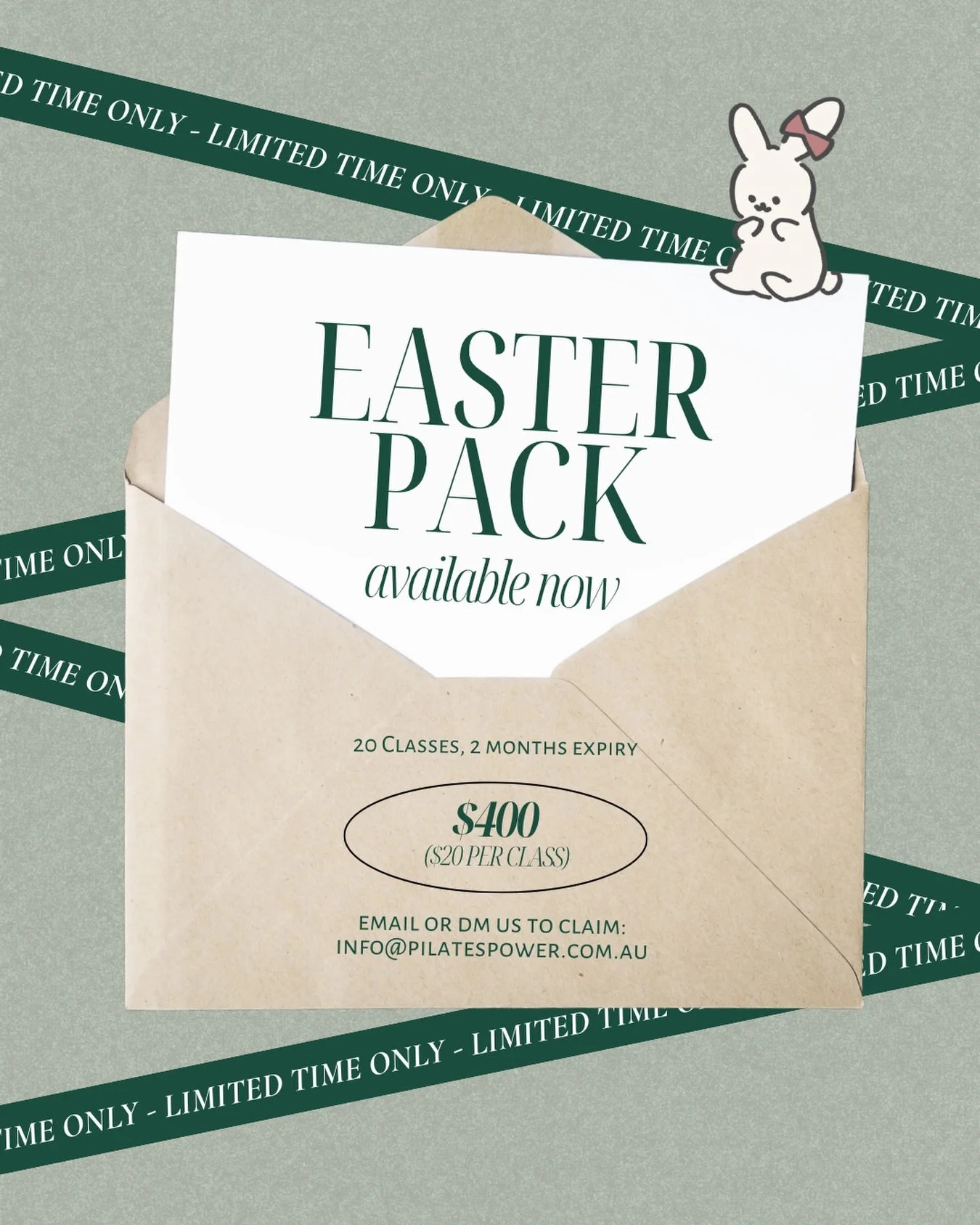 🥕 For a limited time only 🥕

Our Easter Pack is now available 🐰
20 classes for $400 ($20 per class)

The perfect way to stay consistent, build strength, and make the most of your time in the studio.

DM or email to secure yours:
info@pilatespower.