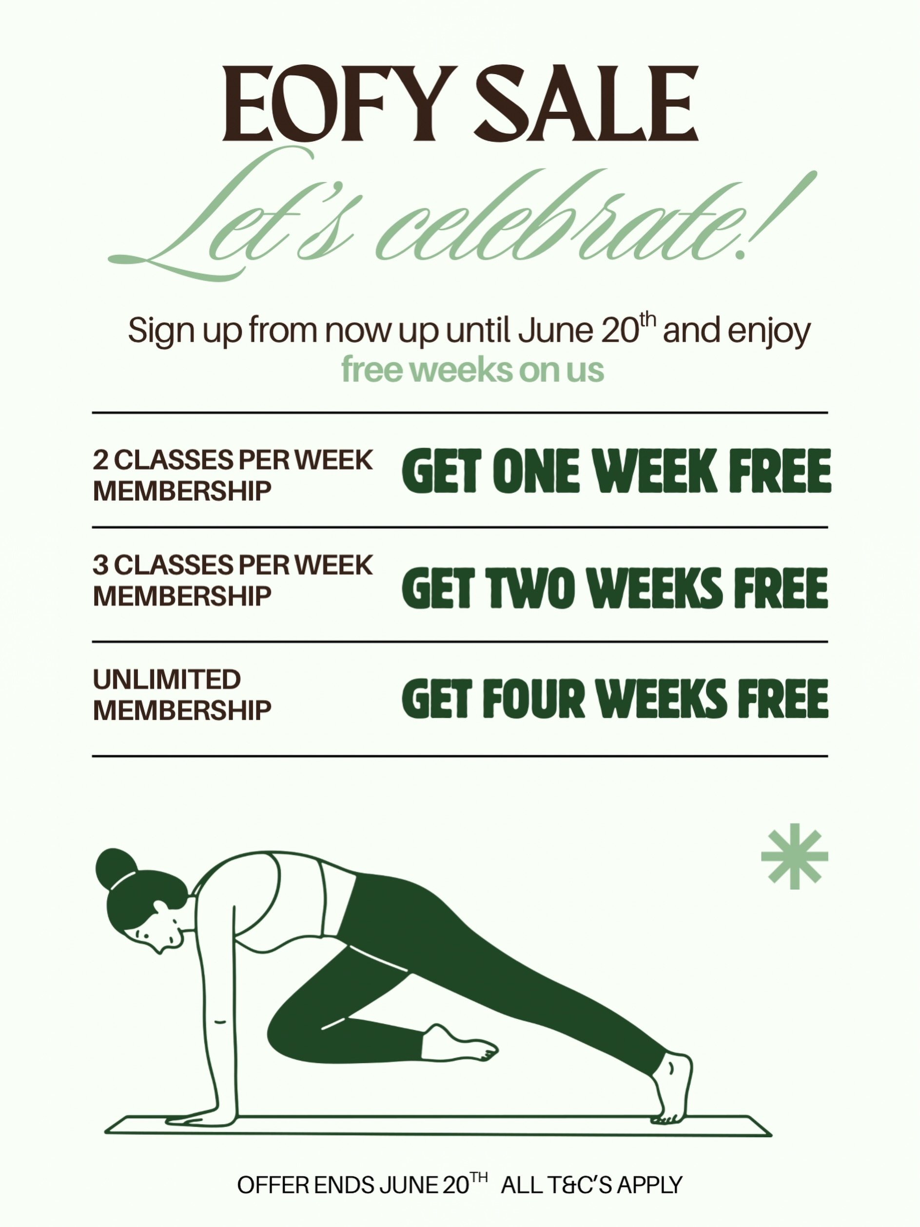 ✨ Our EOFY Sale is here ✨

There&rsquo;s never been a better time to start your Pilates journey or commit to your routine 🤍

Sign up before June 20th and enjoy:

🎁 2 Classes per Week Membership &rarr; Get 1 Week FREE
🎁 3 Classes per Week Membershi