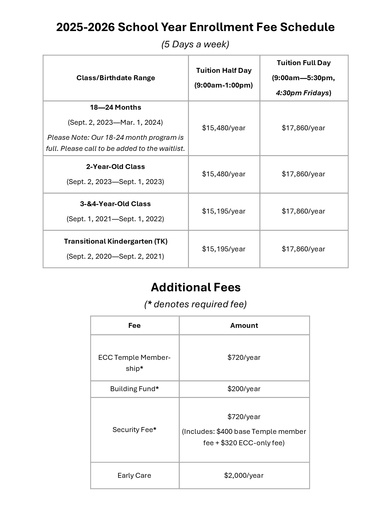 School year enrollment fee schedule for 2025-2026 with categories for different age groups and fees details for full-day and half-day classes, along with additional fees for membership, building fund, security, and early care.