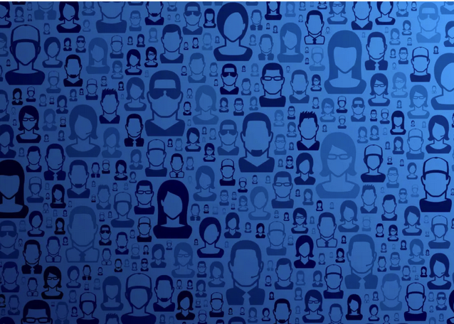 Illustration of diverse people in shades of blue, representing a community or social network.