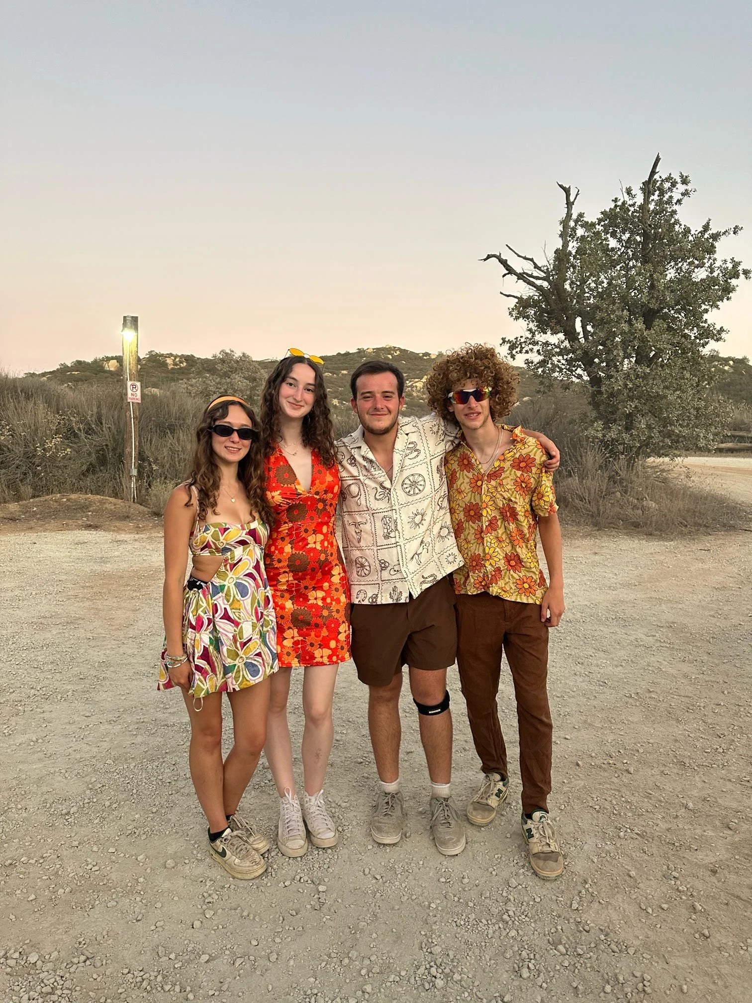 Four young adults standing outdoors on a gravel surface, dressed in colorful retro summer outfits, with arms around each other, under a clear sky with a tree and hills in the background.