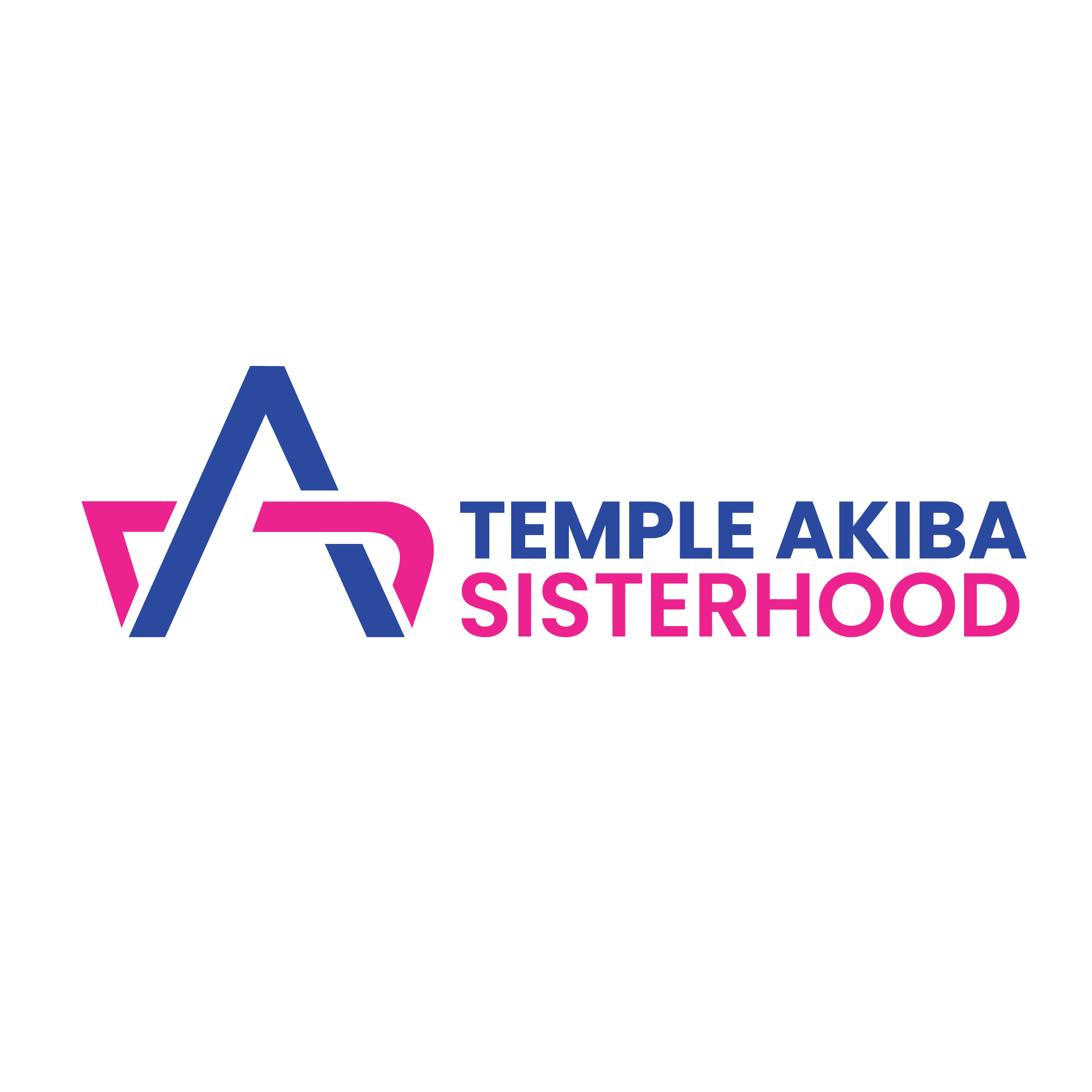Logo for Temple Akiba Sisterhood, featuring a stylized letter A in pink and blue, with the words "Temple Akiba Sisterhood" in blue and pink text.