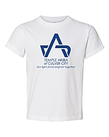 White t-shirt with Temple Akiba logo featuring a blue Star of David and text.