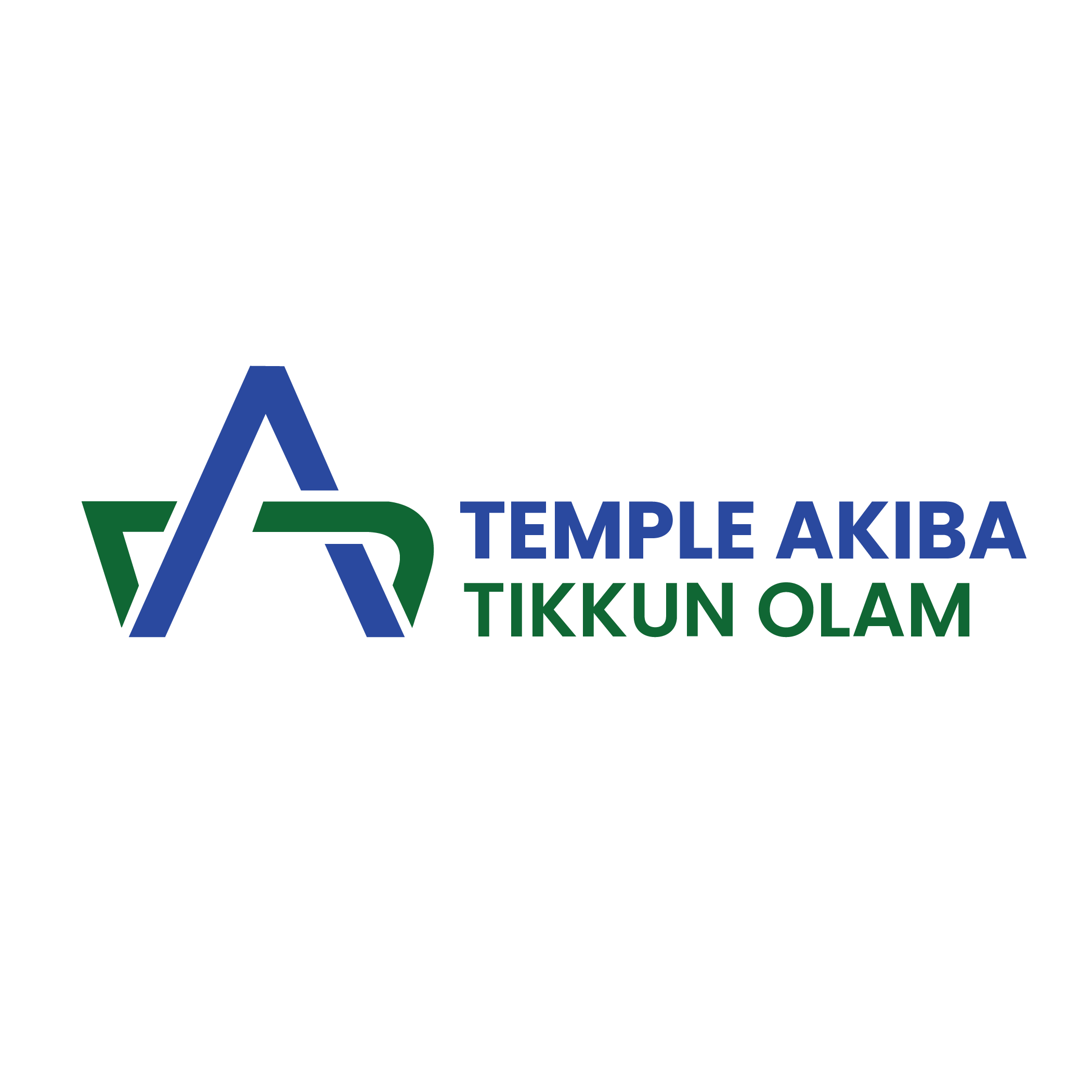 Logo for Temple Akiba Tikkun Olam with stylized green and blue A's and the names in blue and green text.