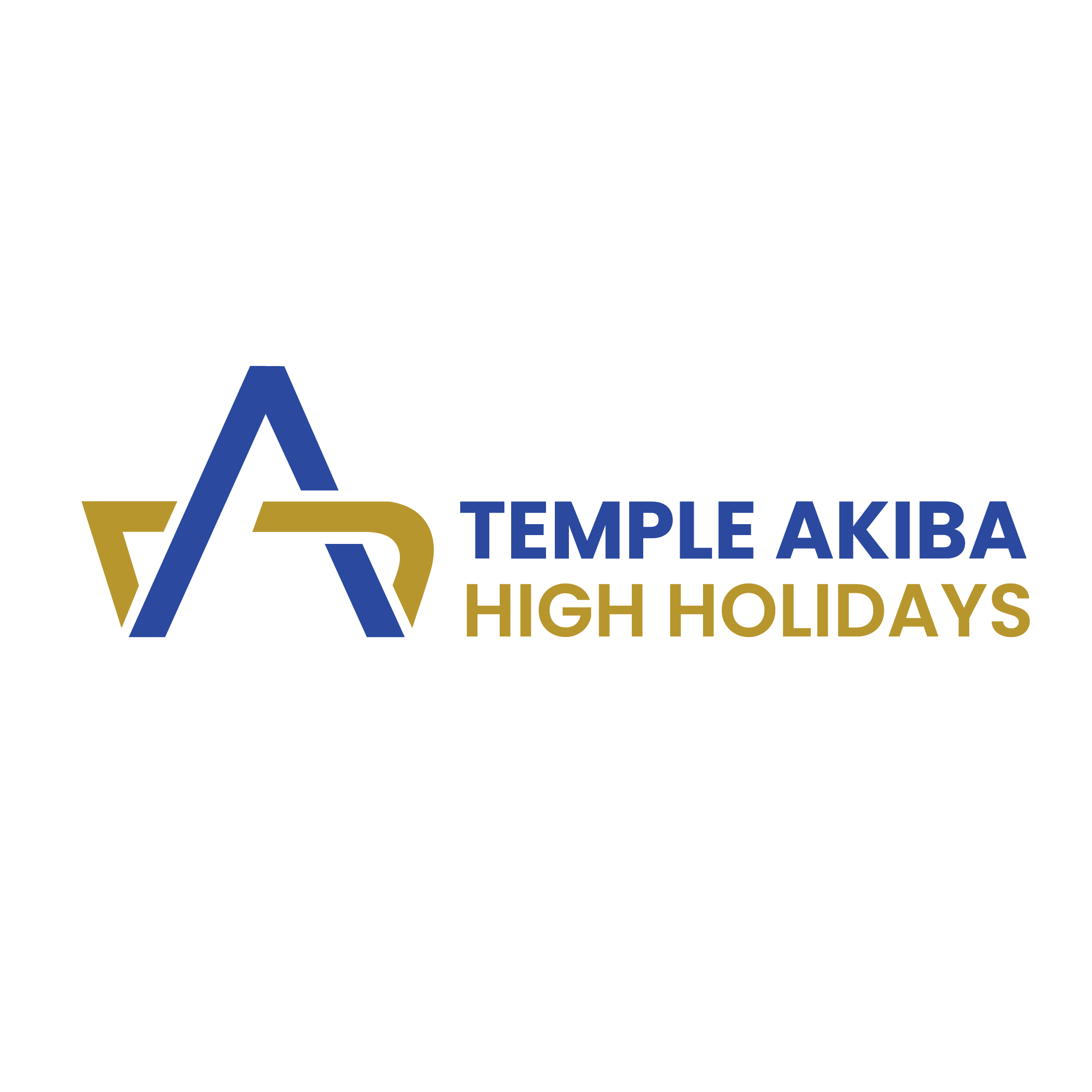 Logo for Temple Akiba High Holidays featuring stylized A in blue and gold with the words 'Temple Akiba High Holidays' in blue and gold