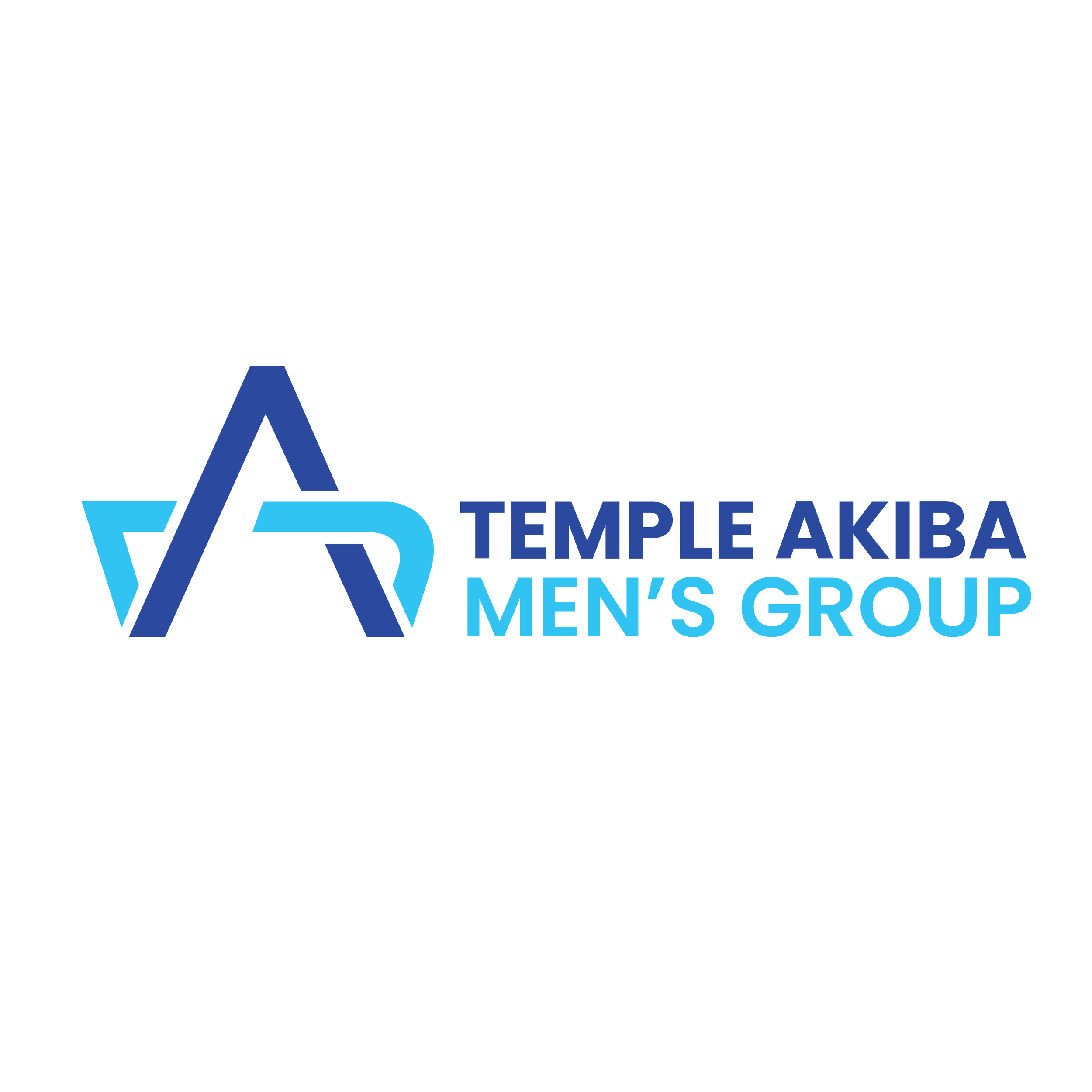 Logo for Temple Akiba Men's Group featuring stylized blue letter 'A' and text in blue and dark blue reading 'Temple Akiba Men's Group'.