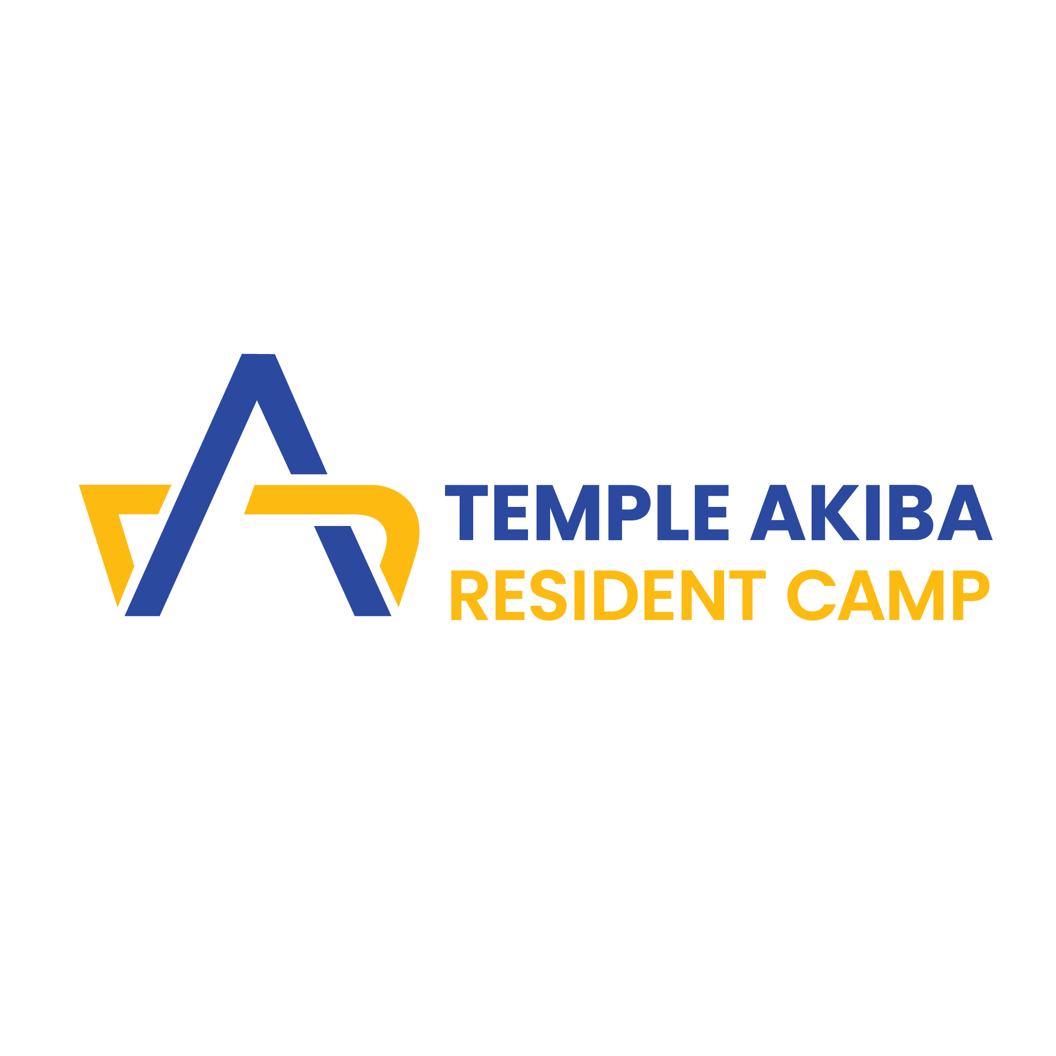 Logo for Temple Akiba Resident Camp featuring a stylized blue and yellow mountain and tent with blue and yellow text.