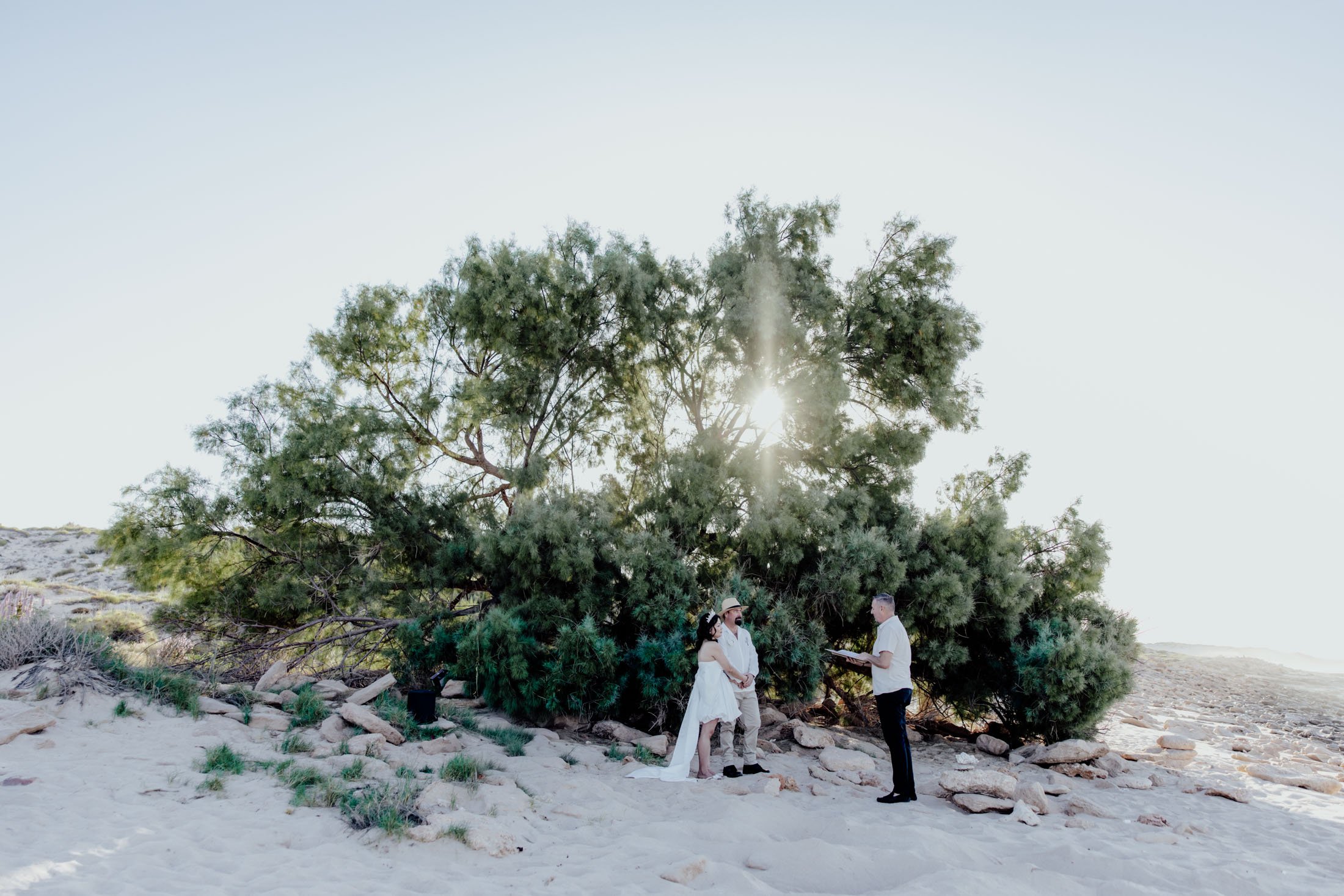 Bride and groom with wedding celebrant in front of tree on a sandy beach on Ningaloo, Exmouth, WA