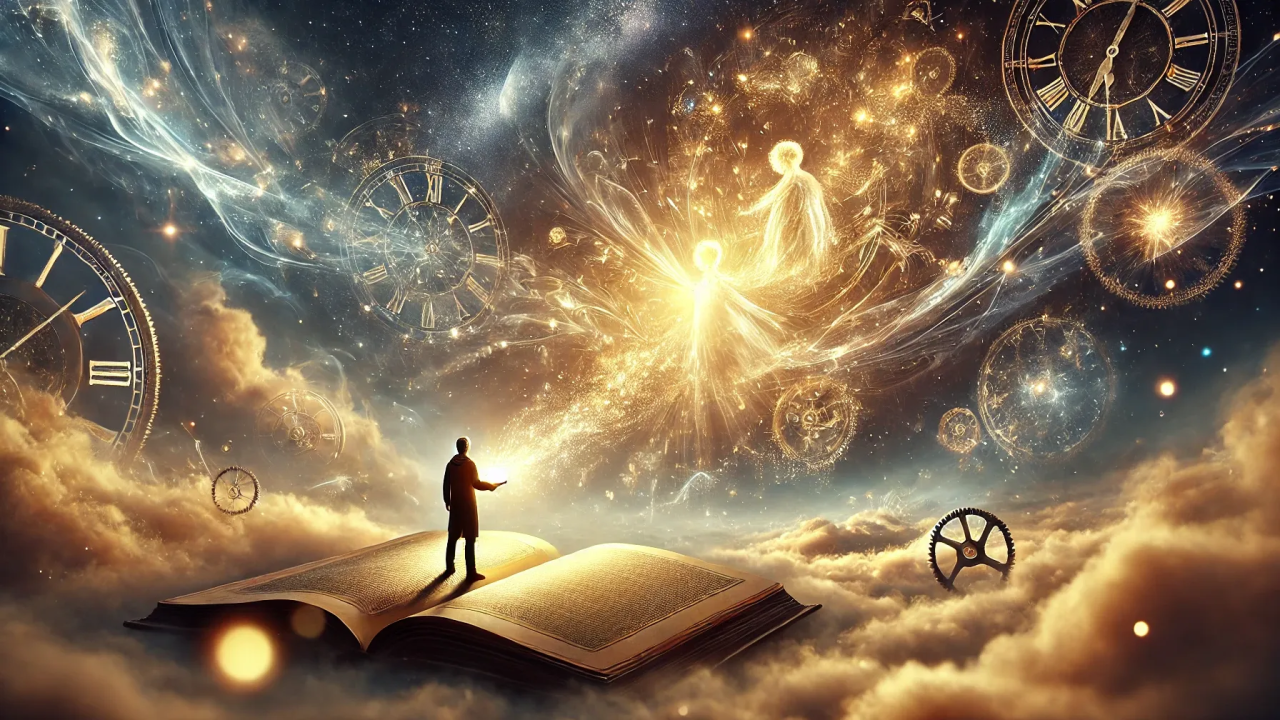 A person standing on an open book floating among clouds, with a cosmic background filled with glowing clock faces, gears, and ethereal figures in a surreal scene.