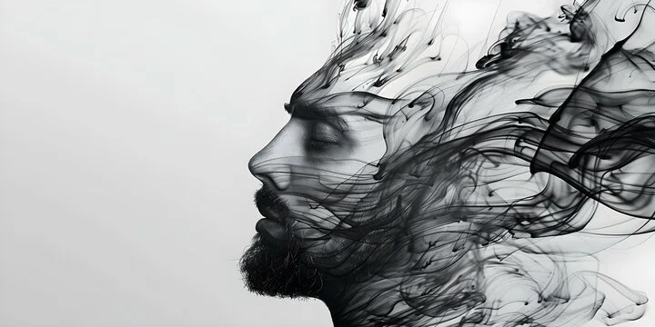A black and white digital artwork of a man's profile with flowing smoke or ink forming his face and head.