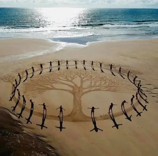 People holding hands in a circle on the beach, forming a tree shape with roots and branches drawn in the sand, with the ocean in the background.