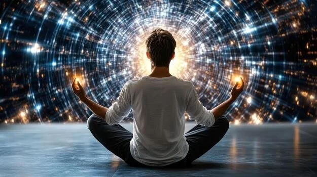 Person practicing meditation in front of a digital, futuristic tunnel of glowing lights