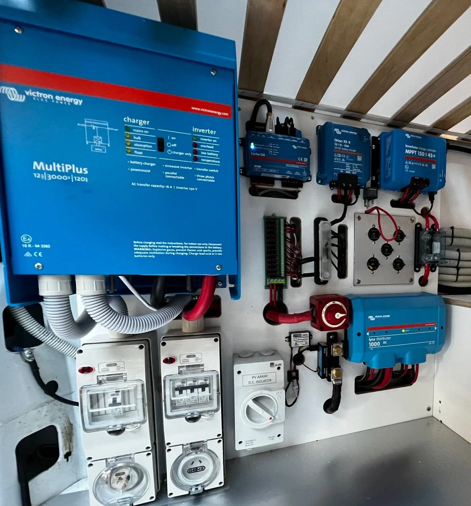 Electric control panel with various blue components, wires, switches, and meters.