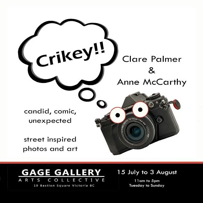 Poster for an art exhibition featuring street-inspired photos and art by Clare Palmer and Anne McCarthy, with a camera illustration and a speech bubble with "Crikey!"