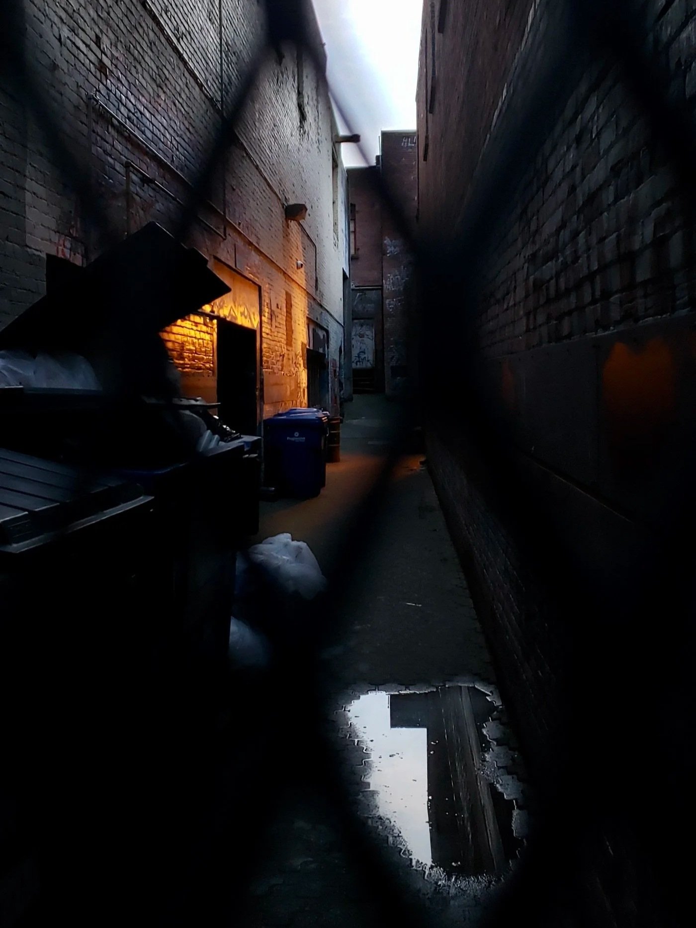 Dark alleyway between brick buildings, with trash bins and debris, illuminated by orange sunlight at sunset.