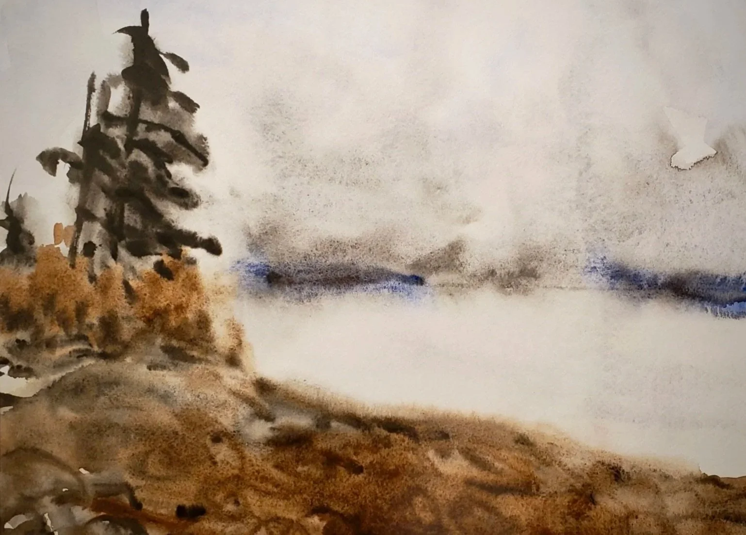 Watercolor painting of a snow-covered landscape with a pine tree on the left and a body of water in the background.