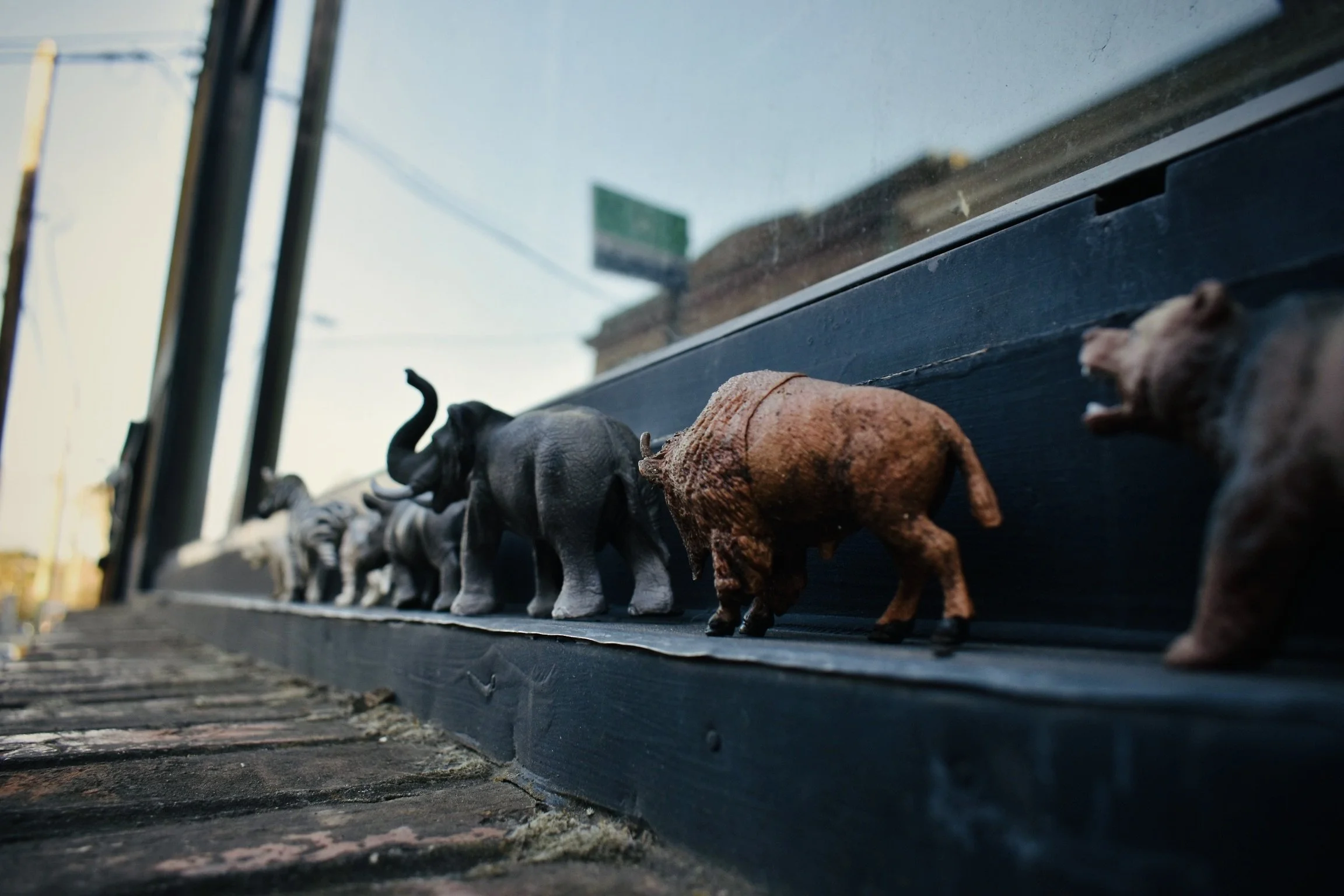 A row of toy animals, including an elephant, dog, and other animals, lined up on a windowsill outside on a brick surface.