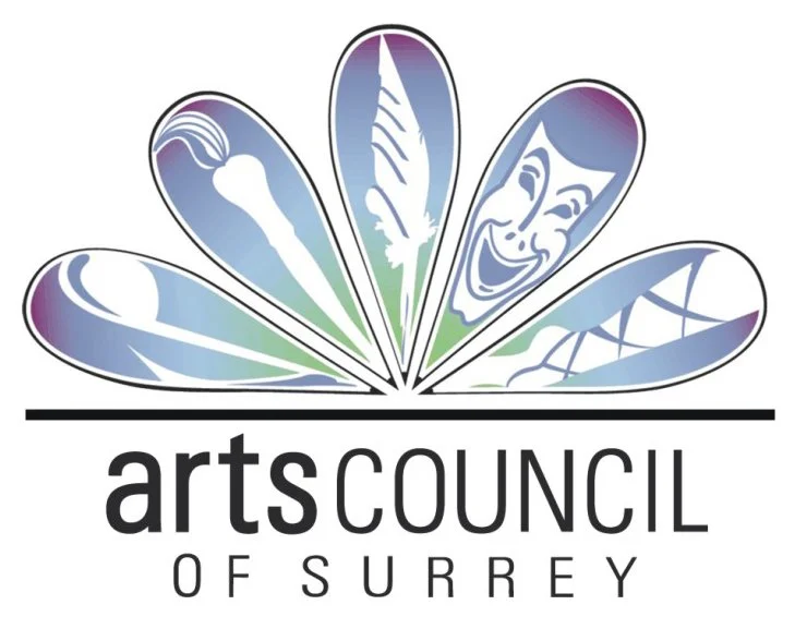 Logo of Arts Council of Surrey featuring a flower with seven petals, each displaying different artistic symbols, and the text "arts COUNCIL OF SURREY" below.