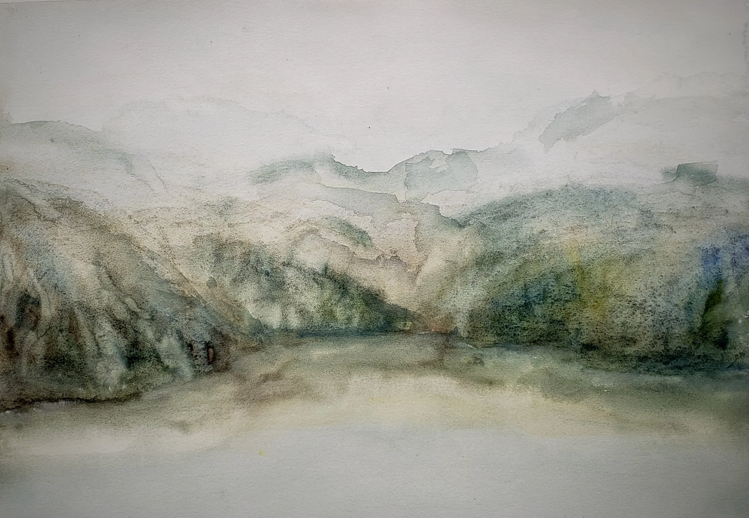 A watercolour painting of a coastal scene with mountains and trees, featuring muted earth tones and soft, blended strokes.