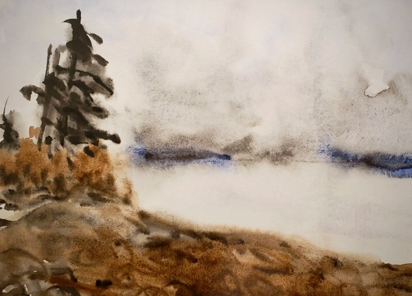 Watercolour painting of a tree in a foggy beach view with a distant shoreline.