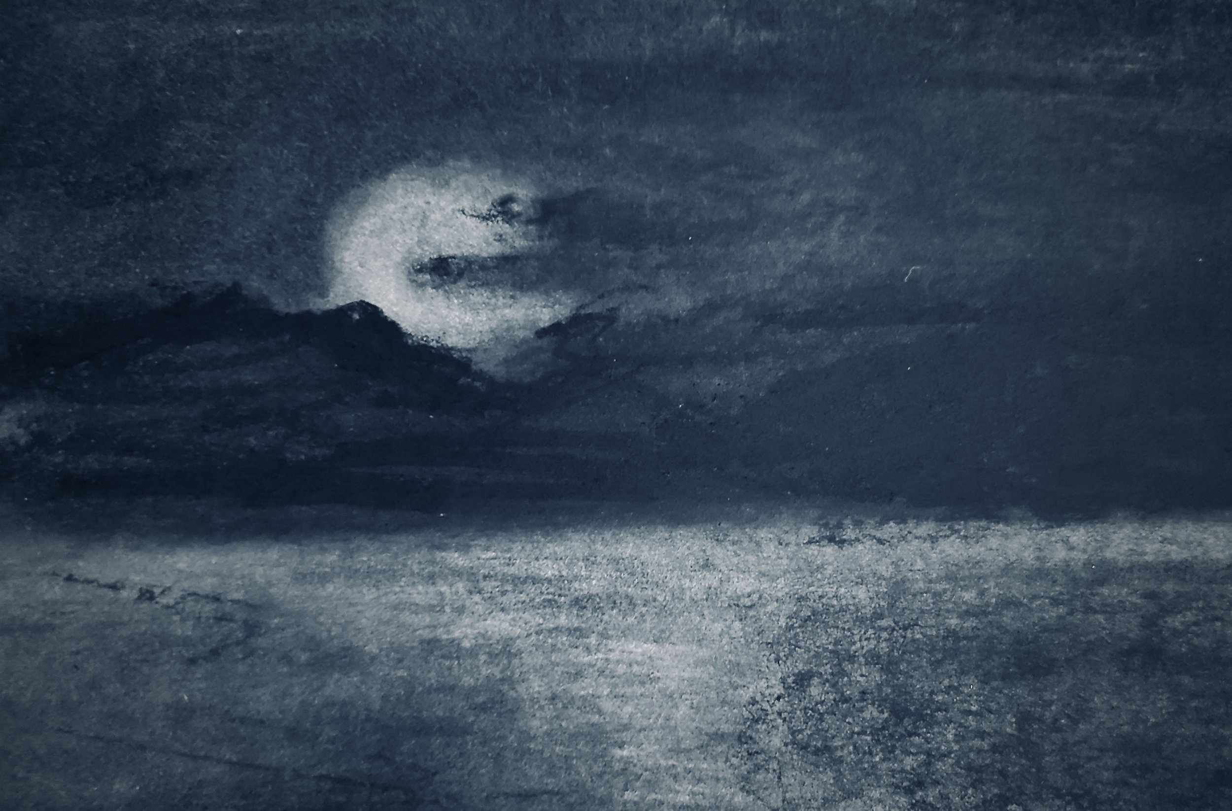 A charcoal drawing of a moon reflecting off ocean waves at night.