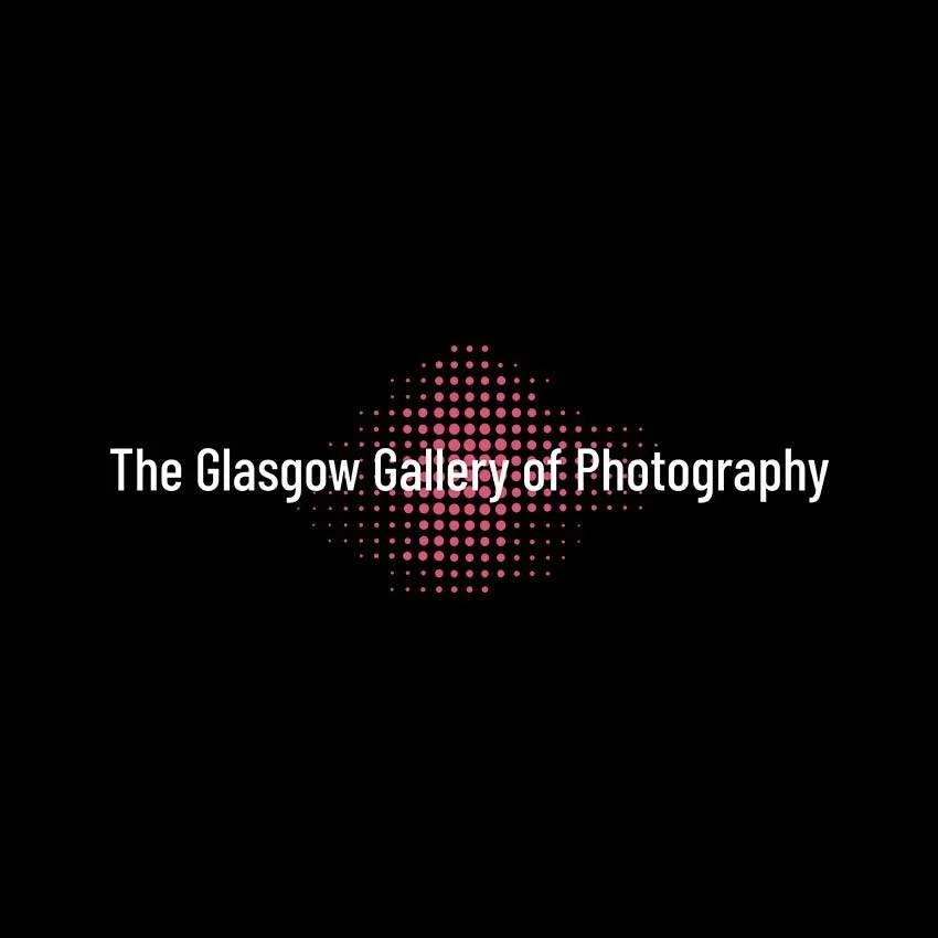 Logo for The Glasgow Gallery of Photography featuring a pink dotted pattern forming a diamond shape on a black background with white text.