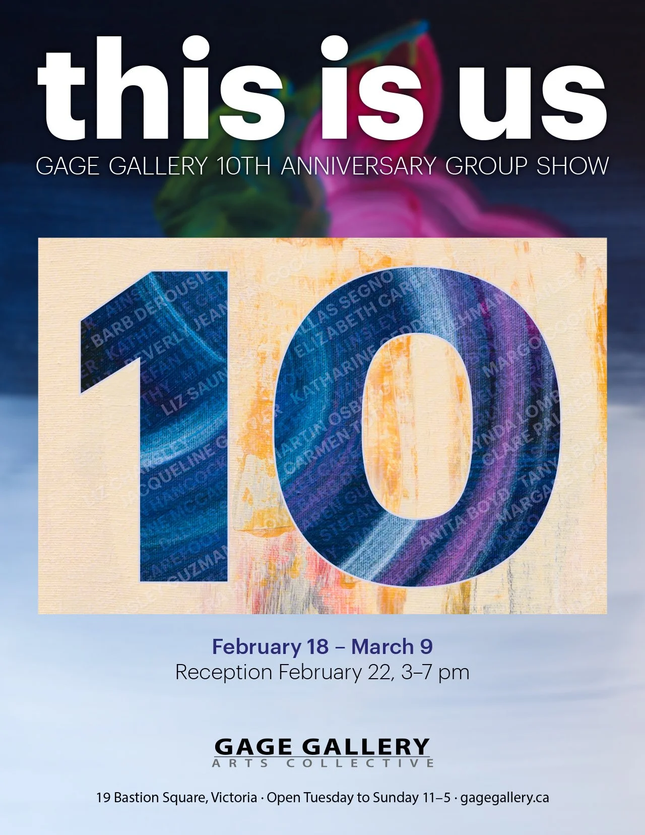 Announcement poster for Gage Gallery Arts Collective celebrating its 10th anniversary group show. The poster features a large number '10' with a colourful abstract background and details about the exhibition dates.