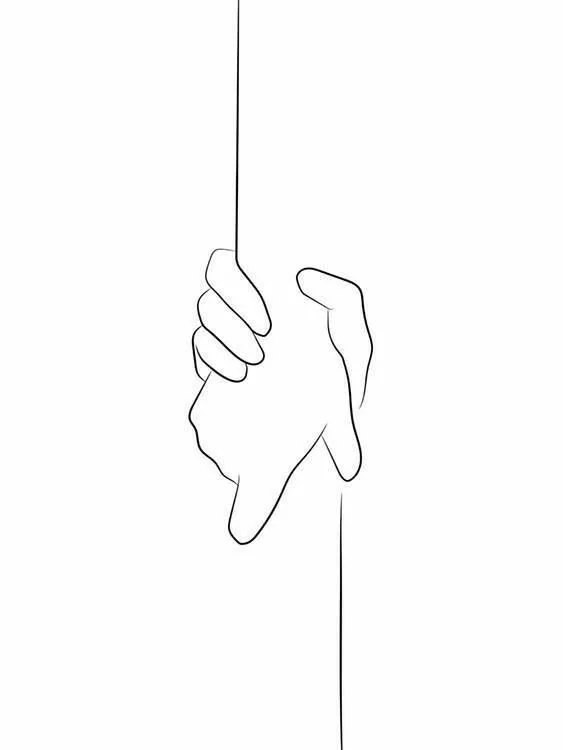 Line drawing of two hands clasping each other, with one hand holding a vertical bar, on a plain background.