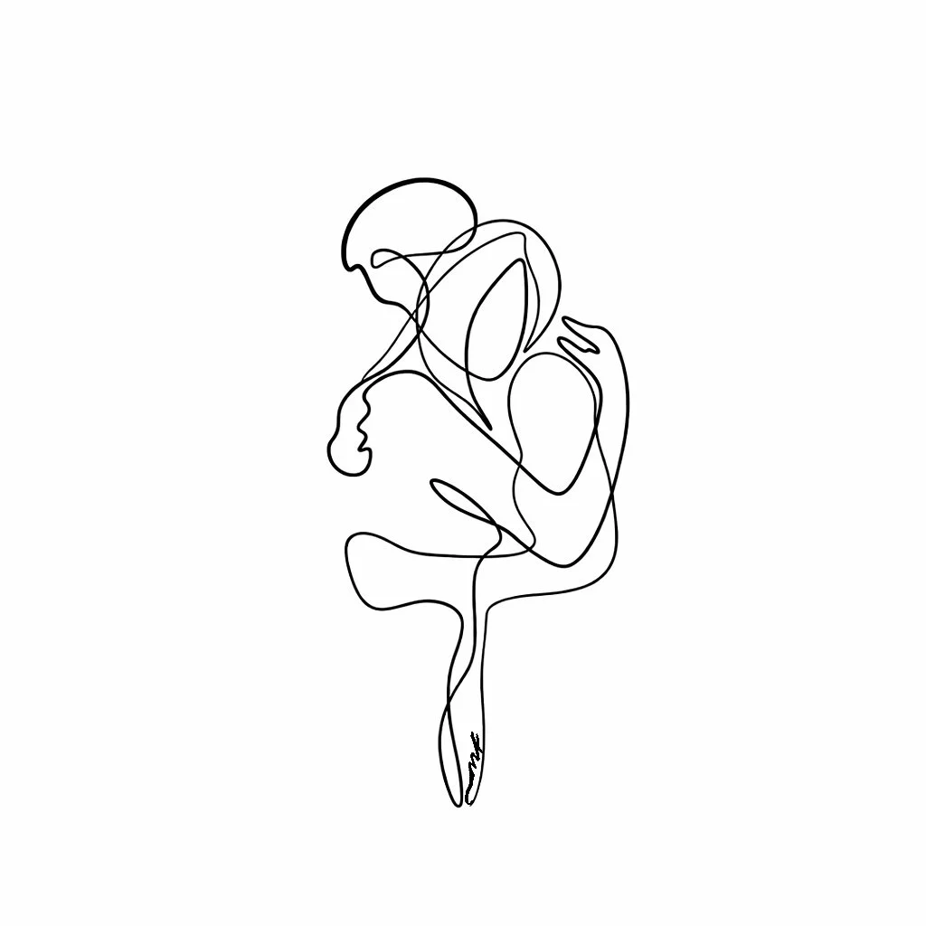 Minimalist line drawing of a person sitting with knees bent and arms crossed, in a contemplative pose.