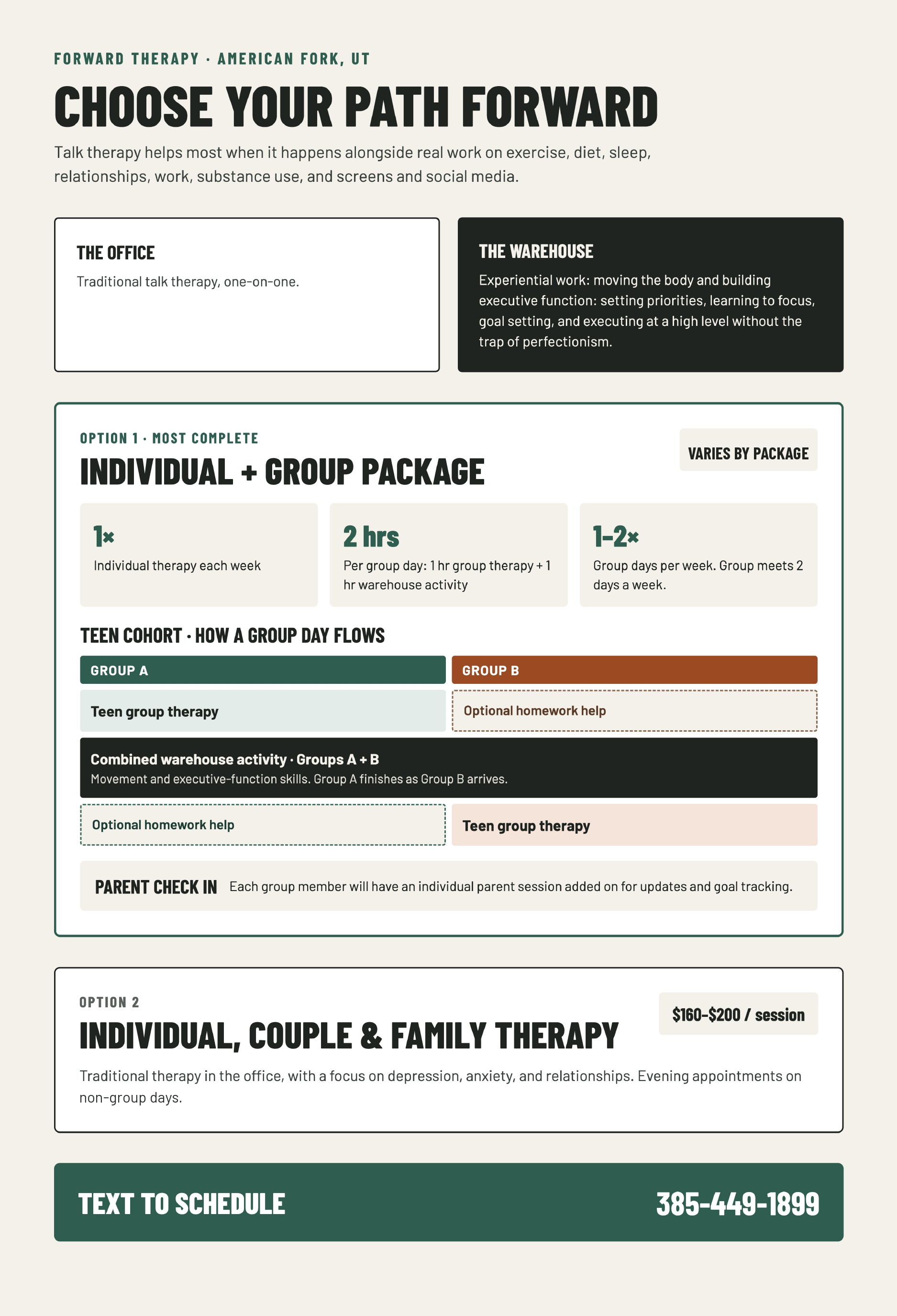 Chart of Forward Therapy program options: Individual + Group Package with teen and adult cohorts, and Individual Therapy.