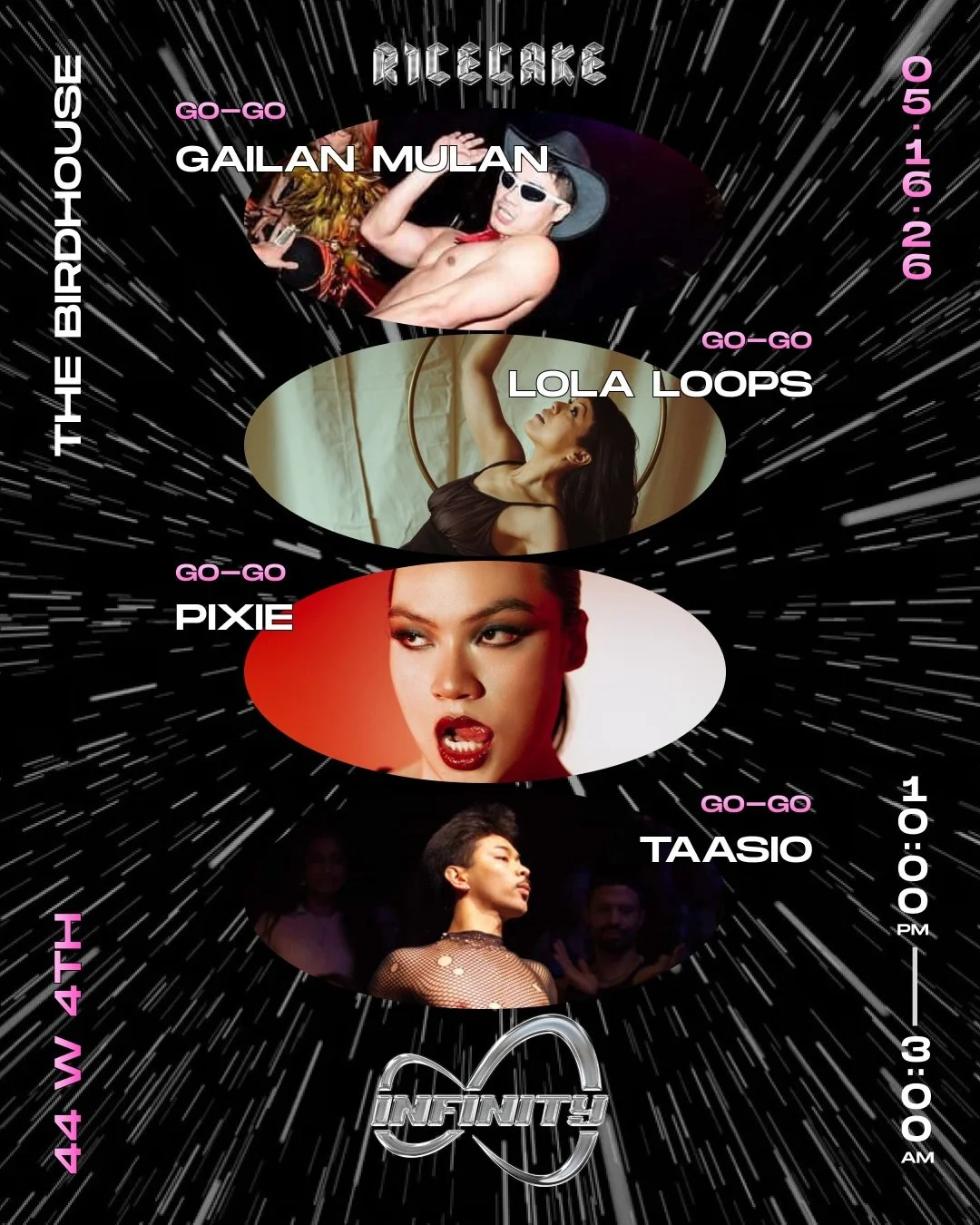 Need a rave after the rave? Take your &ldquo;foundation&rdquo; and make it queer and Asian 😜.

𝗚𝗢-𝗚𝗢𝘀
🛸 GAILAN MULAN | @gailanyvr
🛸 LOLA LOOPS | @lolaloops__
🛸 PIXIE | @tmie_bui
🛸 TAASIO | @taasio

♾️ Ricecake: Infinity ♾️
May 16, 2026 | 10
