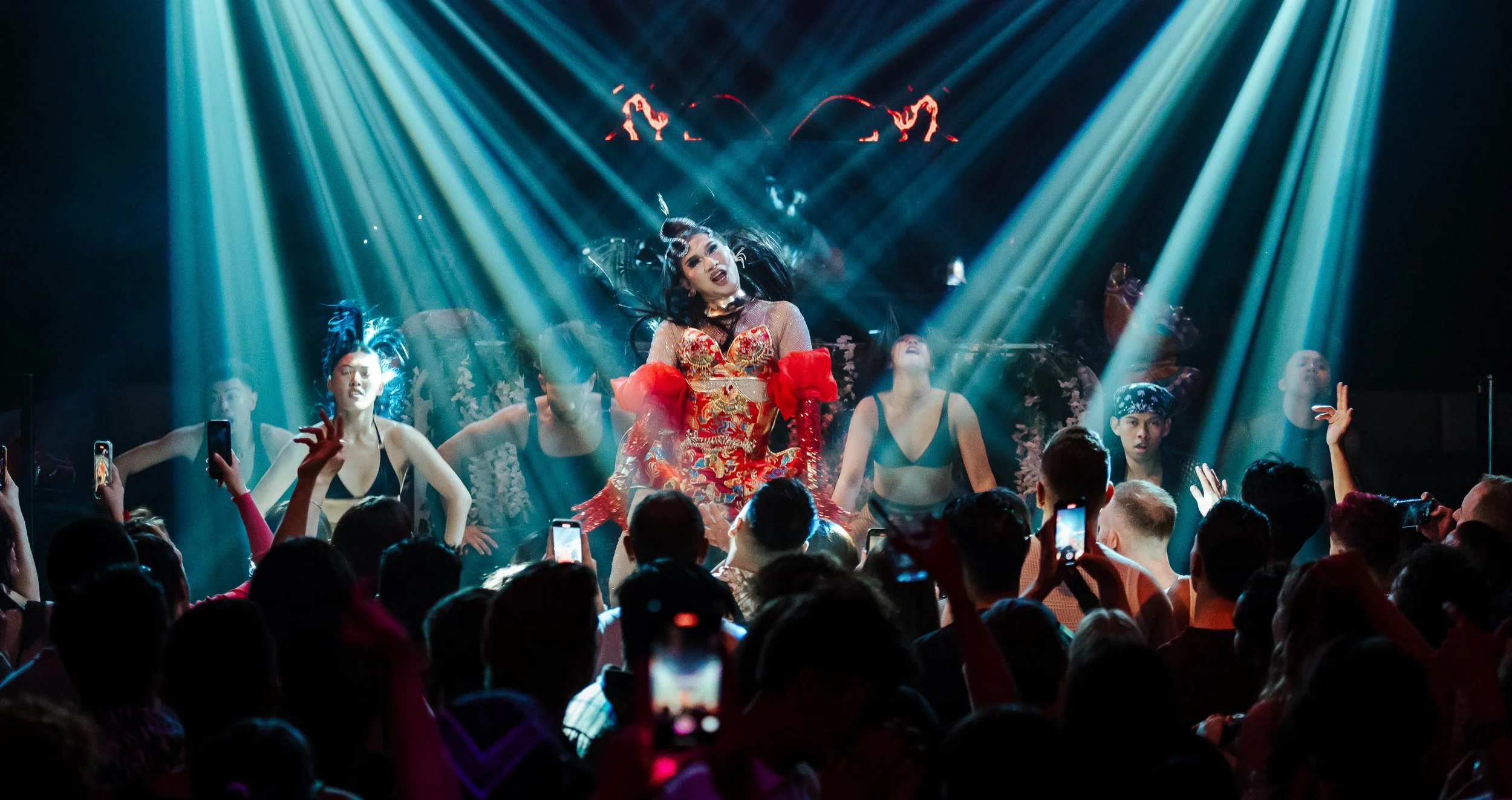 Bibi Souphresh & backup dancers (Quill Collective) performing on stage at Celebrities Nightclub, 2023.