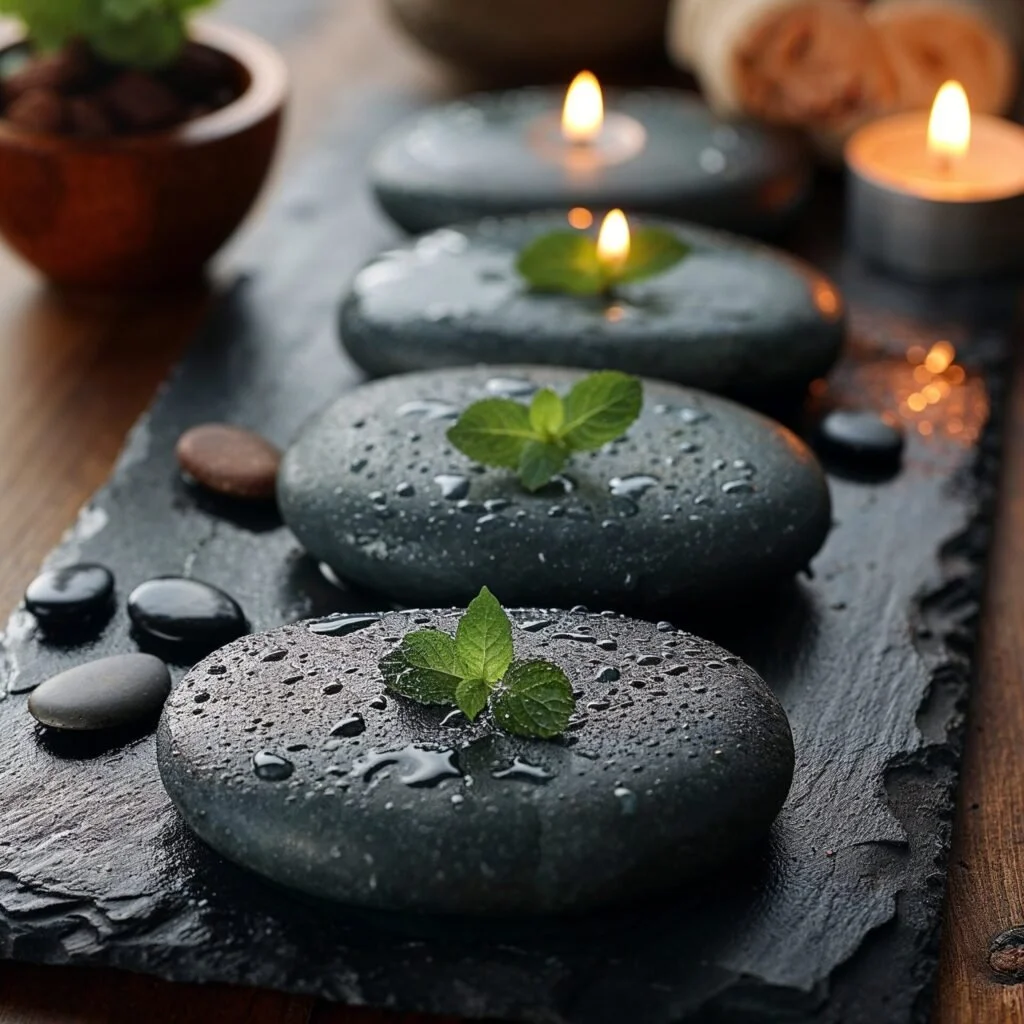 Water droplets on black smooth stones arranged in a line on a black slate tray, with small green leaves on each stone, illuminated by tea light candles in the background.