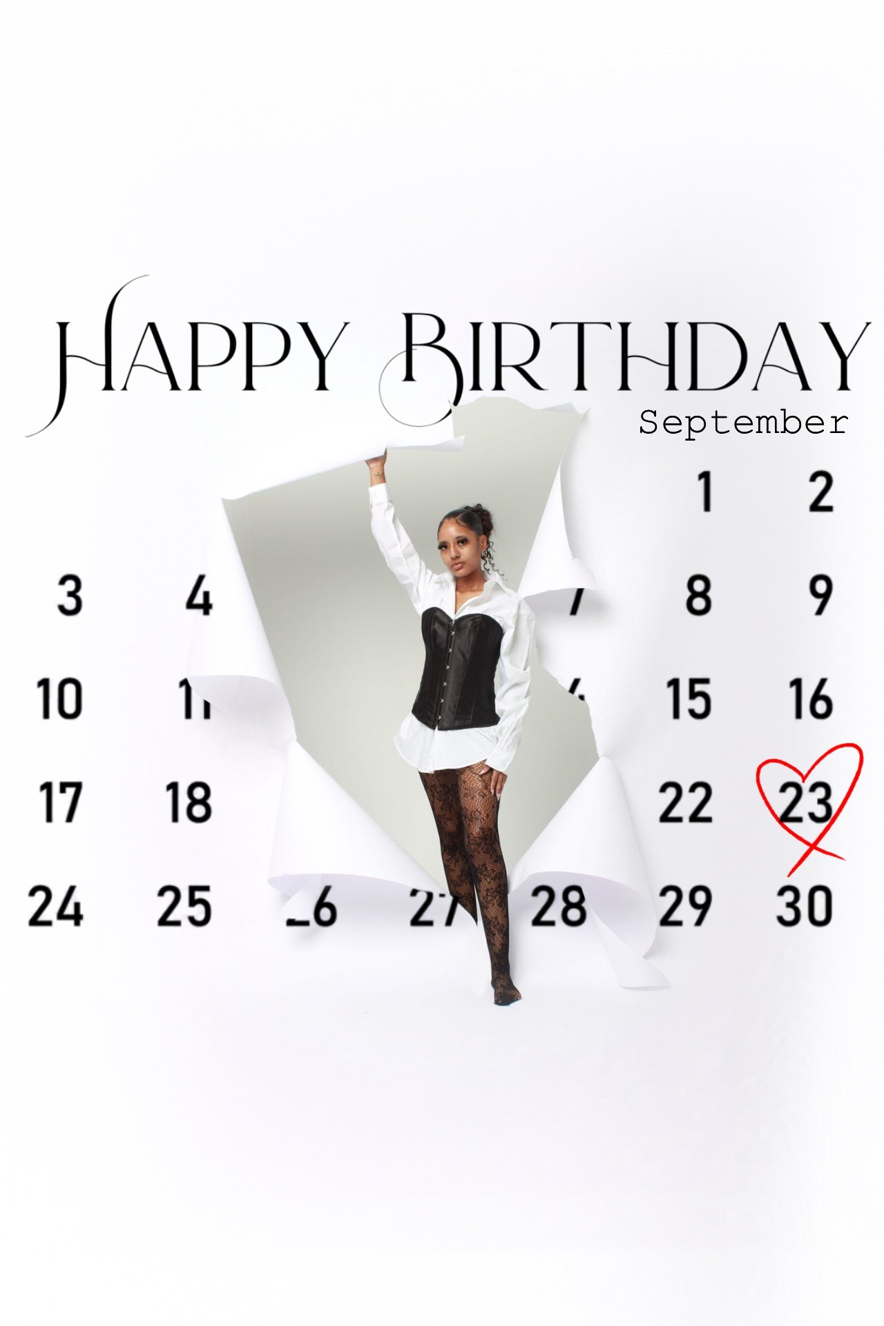 A birthday calendar for September with a woman emerging through torn paper, wearing a black corset, white shirt, and leopard print tights, with the date 23 circled in red and a heart outline.