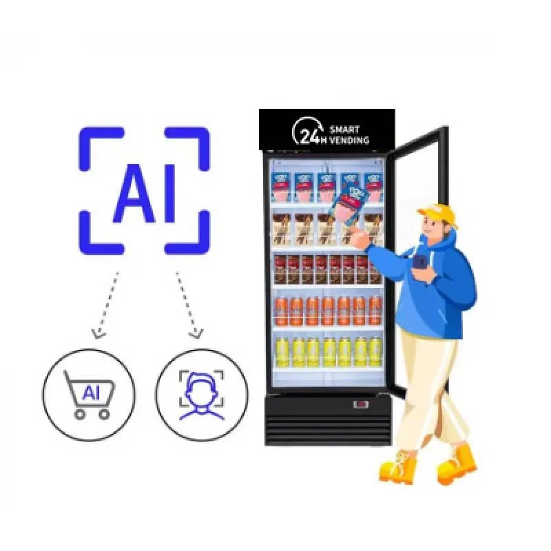 Illustration of a vending machine with snacks and drinks, with a person scanning their face and shopping cart icons indicating the use of AI in the vending process.
