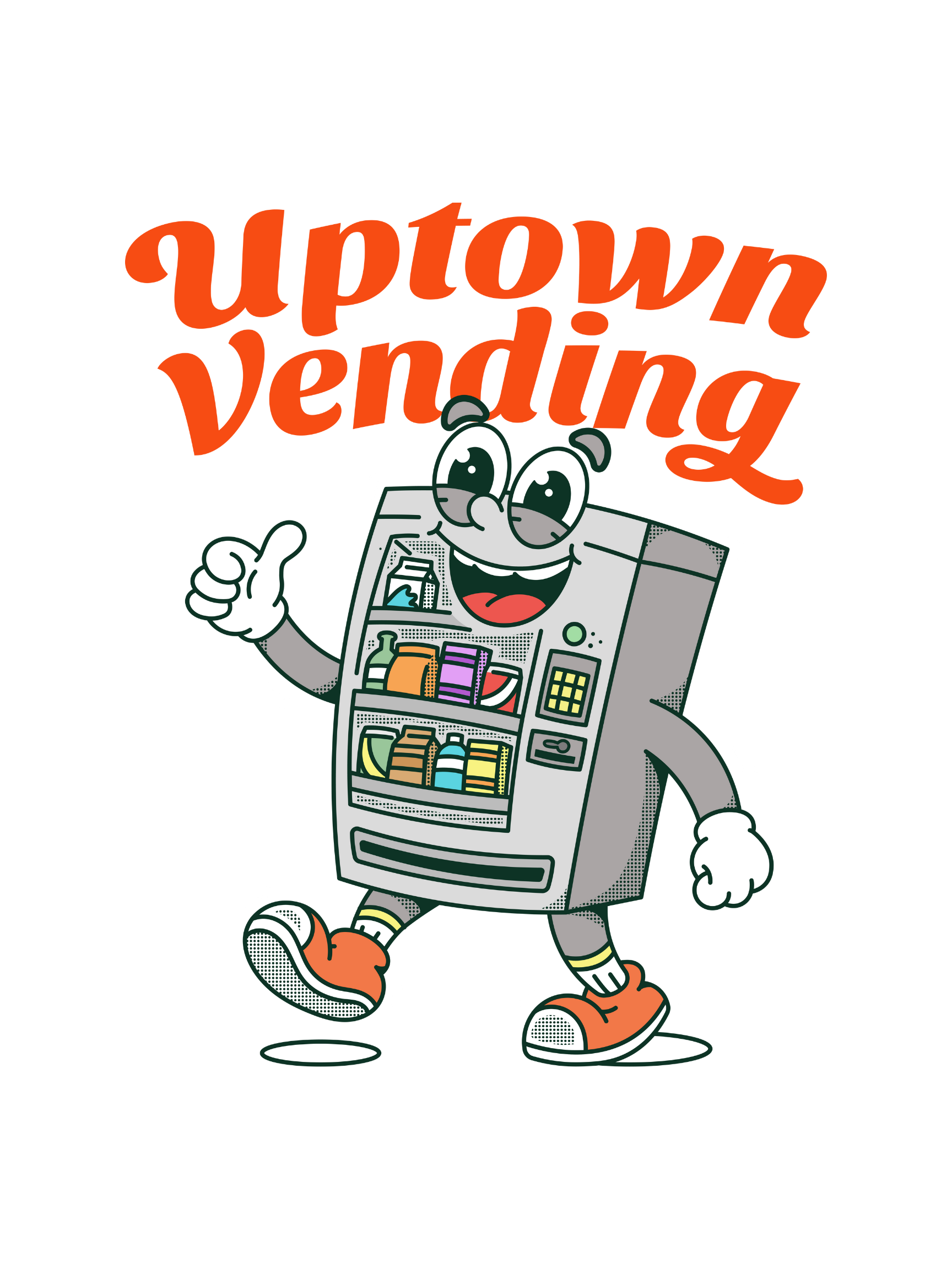 A cartoon vending machine character with a big smile, giving a thumbs-up, with the text 'uptown vending' in red above. Uptown Vending's company logo.